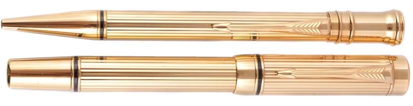 Inline Image - Parker, Duofold, a sample gilt metal fountain pen and roller ball pen; est. £1,000-1,500 (+fees)