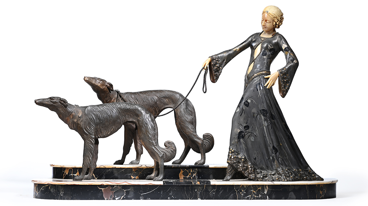 Lot 111 - Georges Gori (French, 1894-1944), a large Art deco study of a lady with two Borzois, circa 1930.jpg