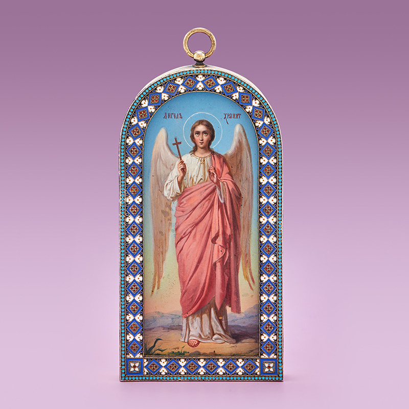 A Russian icon of the guardian angel in a cloisonné enamel frame Ovchinnikov, Moscow 1899-1908