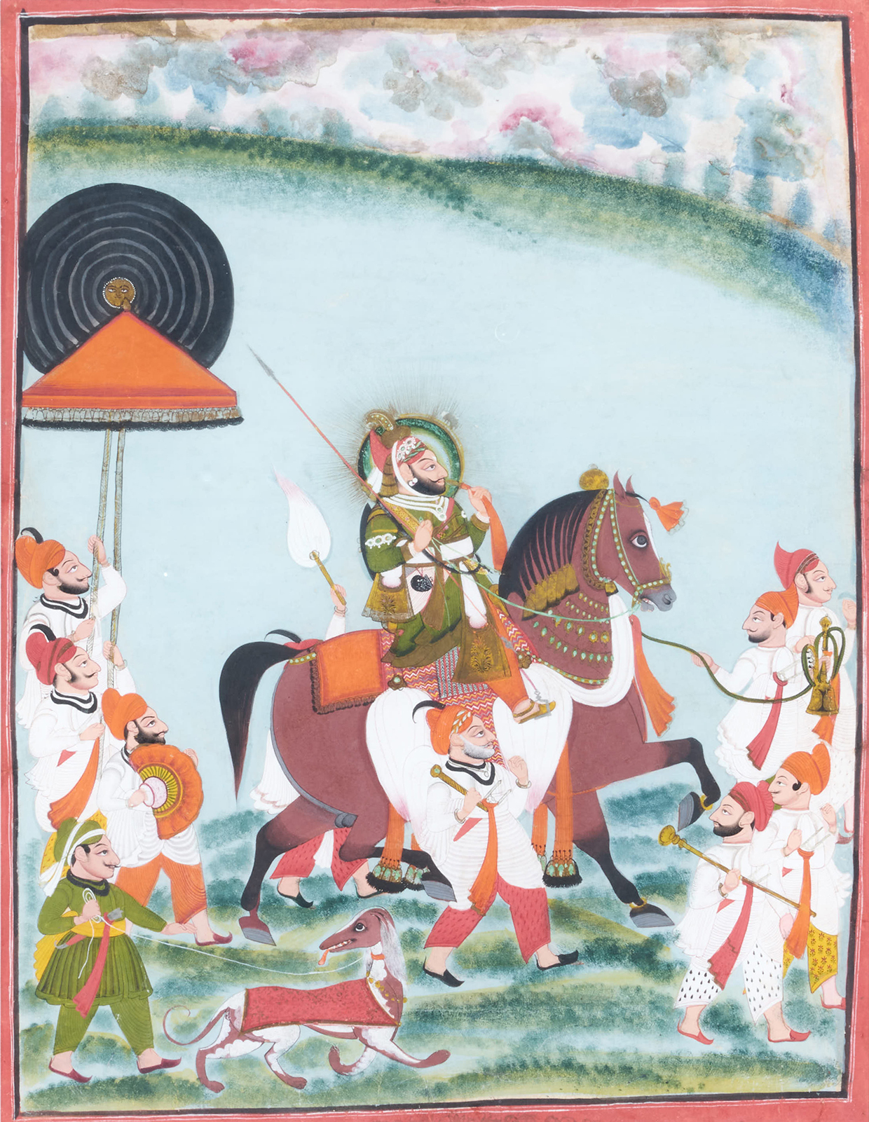Lot 9 - Mewar (Rajasthan) School, mid 19th century a large equestrian portrait of possibly Maharana Bhim Singh of Udaipur.jpg