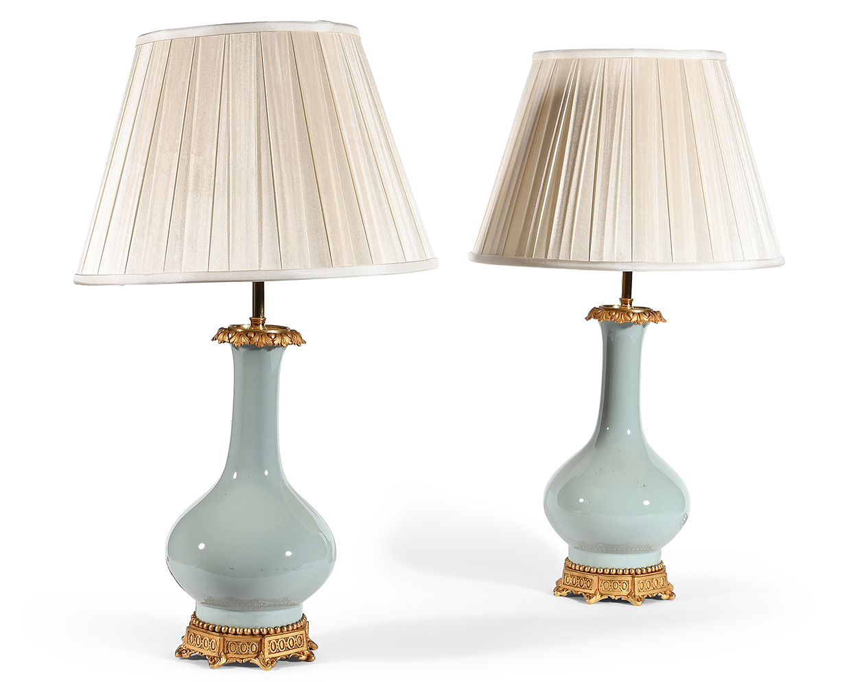Lot 214 - A PAIR OF FRENCH GILT BRONZE MOUNTED CELADON CERAMIC LAMP BASES, MID 19TH CENTURY.jpg
