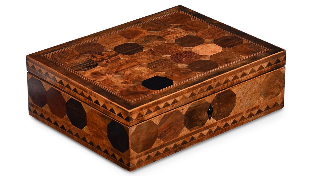 Lot 243 - A RARE GEORGE III SPECIMEN TIMBER PARQUETRY BOX.jpg