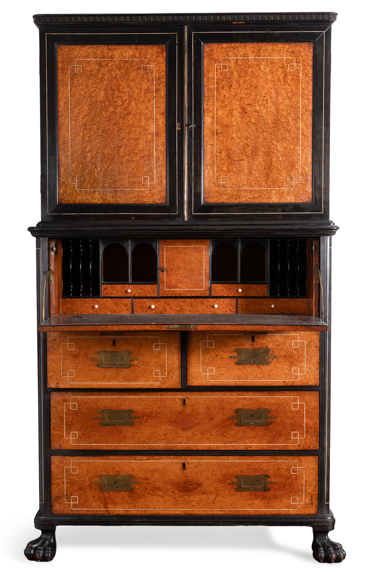 A Chinese Export camphor wood, amboyna and ebony campaign secretaire, mid-19th century.jpg