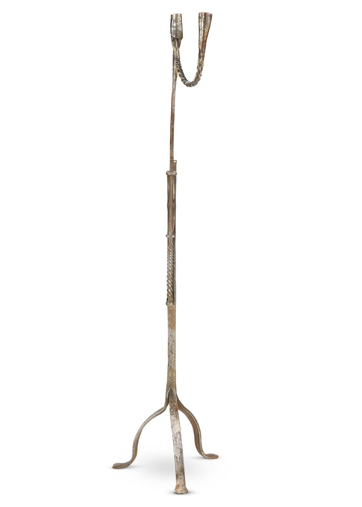 Lot 12 - an Irish freestanding wrought iron double candle holder from the Michael Eaton Collection.jpg