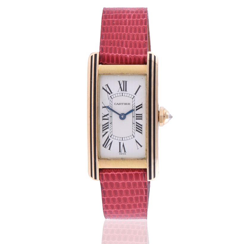 14404 Lot 371 Cartier, Tank Américaine, Ref. 1711-1, lady's 18 carat gold and black enamel wrist watch, No. C91801 Sold for £5,250.JPG