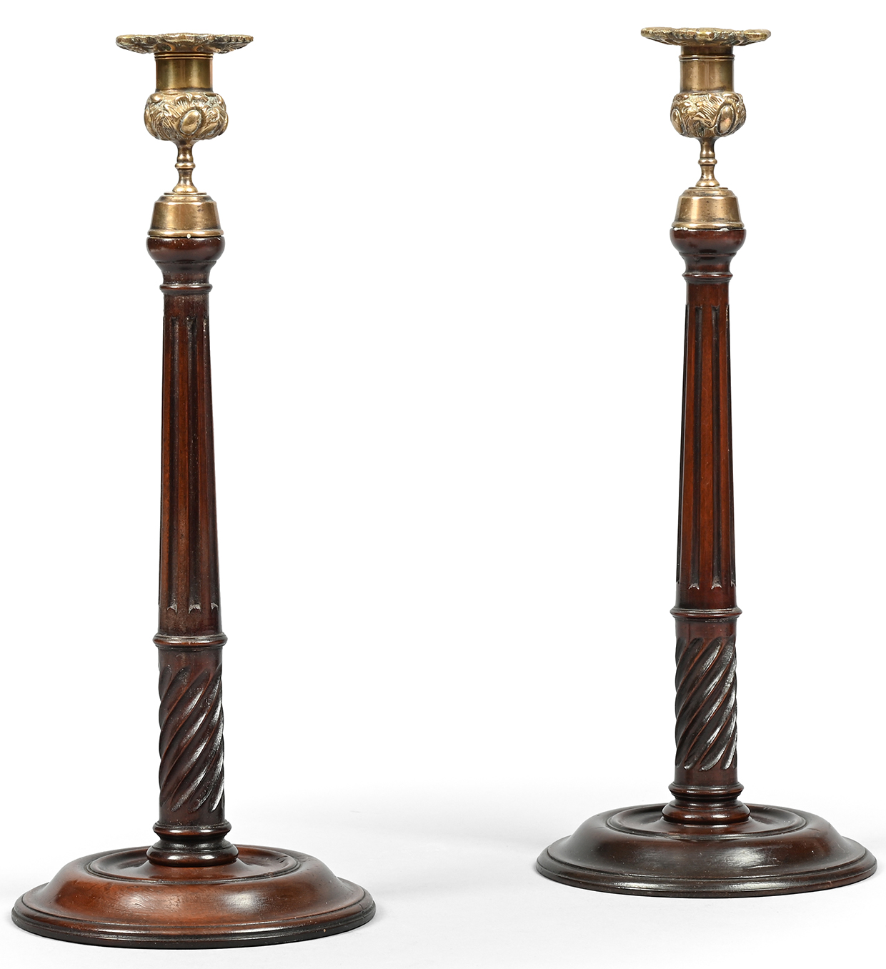 1172 - A PAIR OF GEORGE III MAHOGANY CANDLESTICKS, IN SCOTTISH STYLE, 19TH CENTURY.jpg