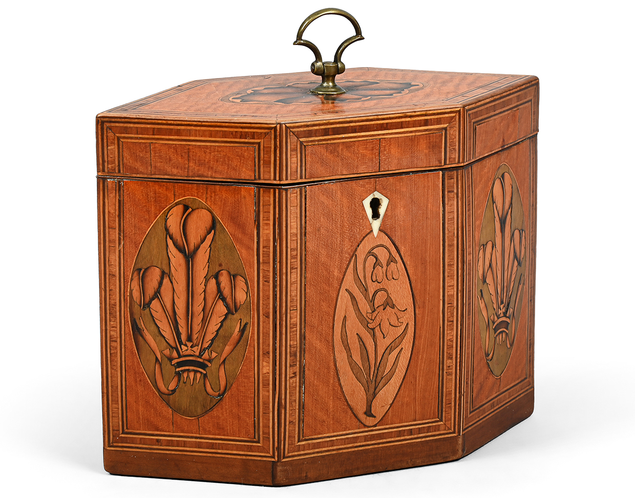 Lot 1156 - A GEORGE III SATINWOOD AND TULIPWOOD BANDED TEA CADDY, EARLY 19TH CENTURY.jpg