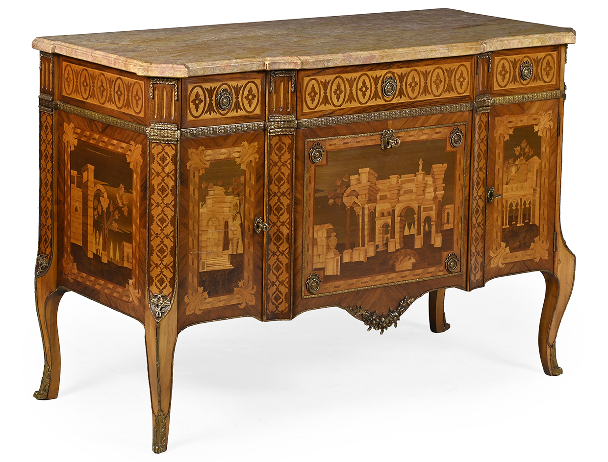 Lot 1211 - A MARQUETRY AND MARBLE TOPPED COMMODE IN ITALIAN 18TH CENTURY STYLE, FIRST HALF 20TH CENTURY.jpg