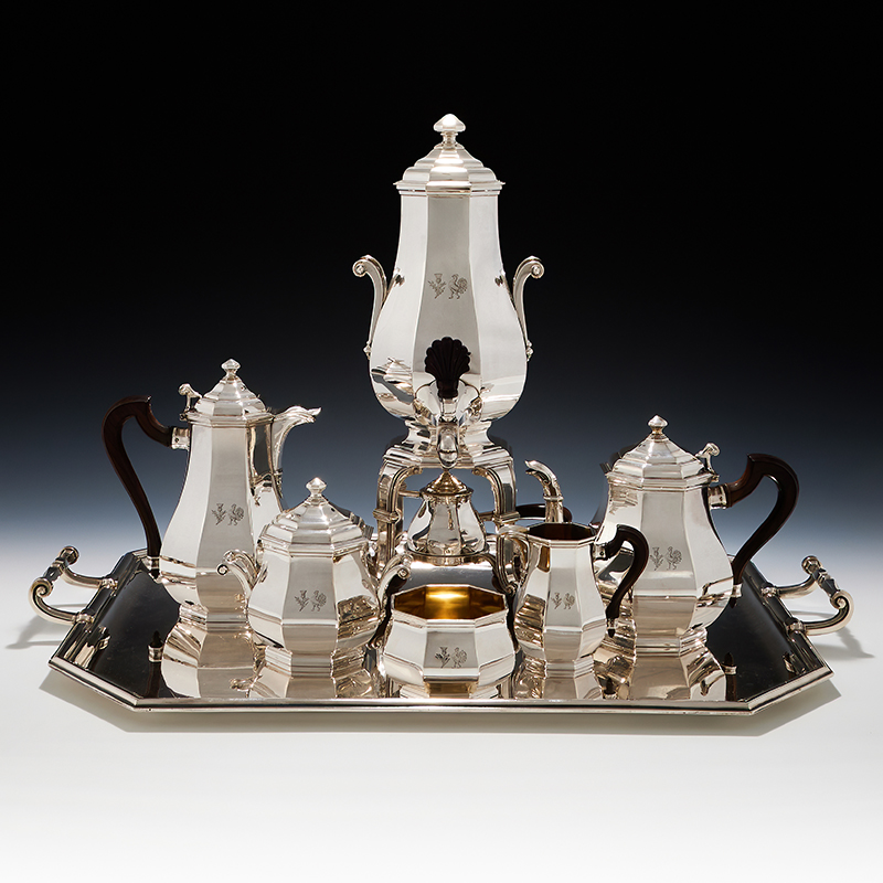 A French silver six piece octagonal baluster tea and coffee set, Gustave Keller, Minerva .925 standard, Paris circa 1900