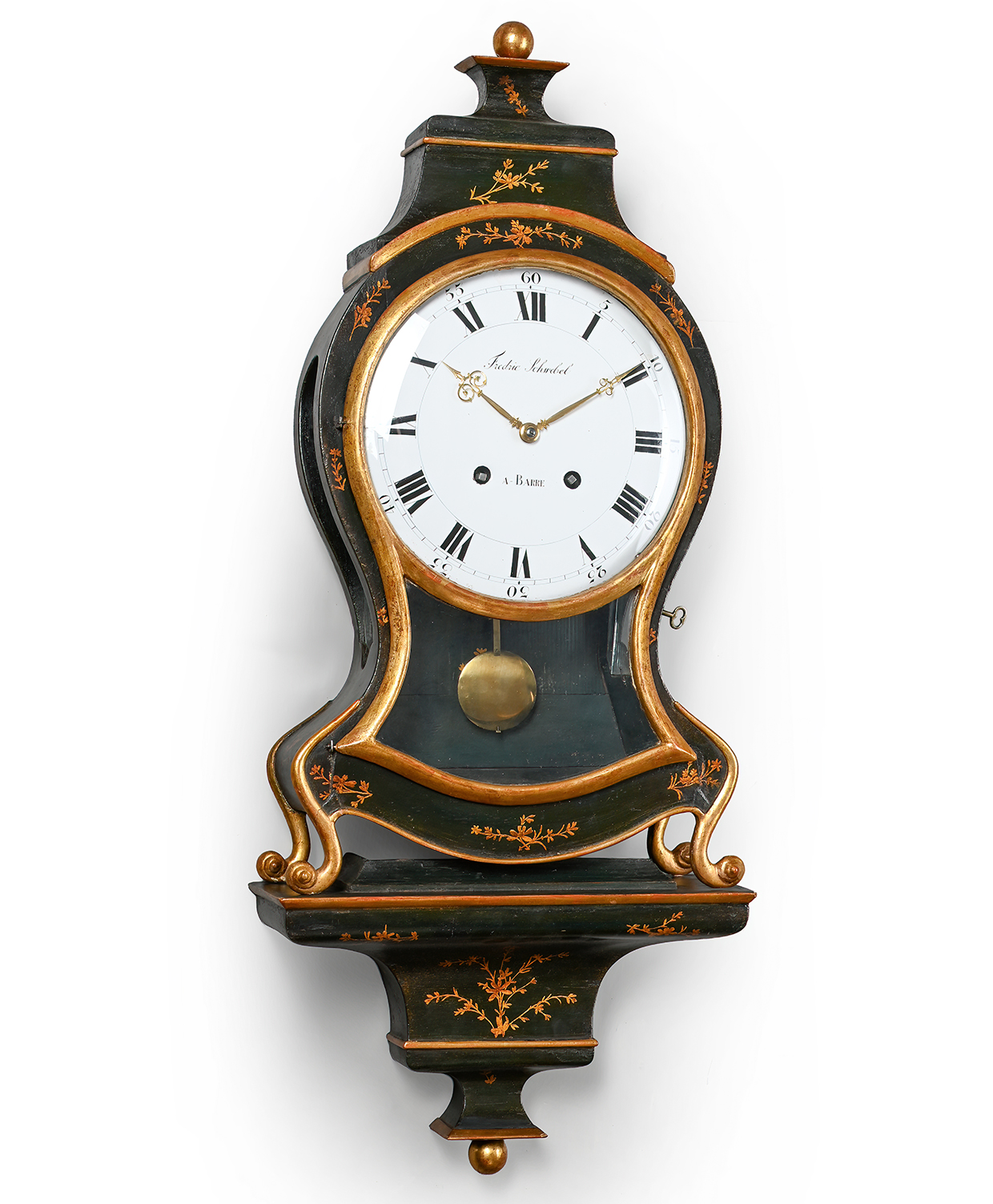An English Man In Amsterdam Lot 673 A Swiss Neuchatel Louis XVI Green Japanned Quarter Striking Bracket Clock With Pull Quarter Repeat, The Dial Signed For Frederic Schwebel, Barre