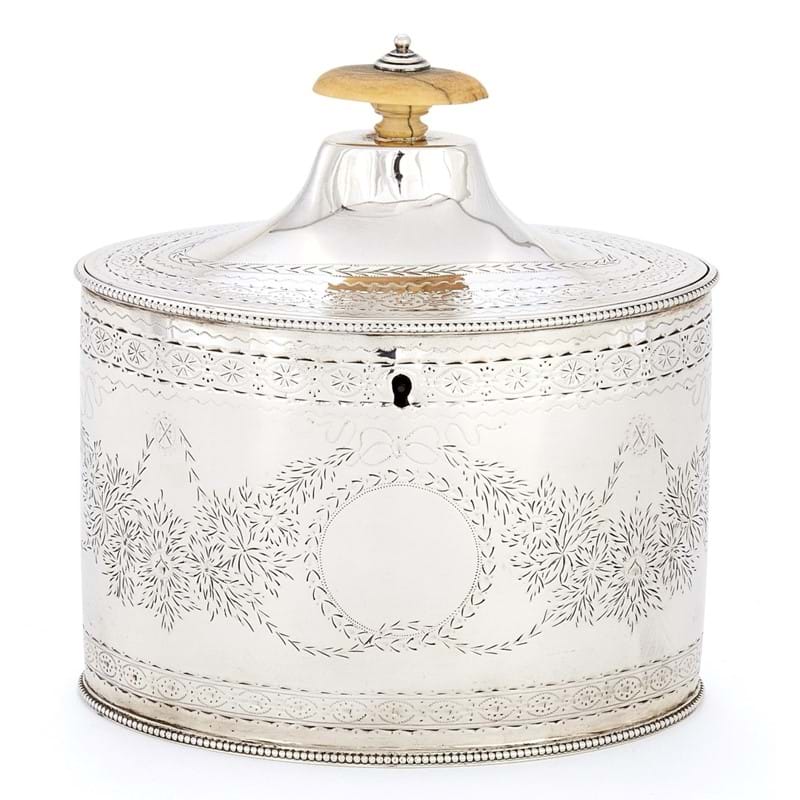 A George III silver straight-sided oval tea caddy by Charles Chesterman II 