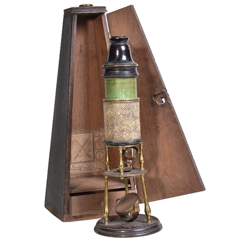 A fine George II lacquered brass, shagreen, and lignum vitae Culpeper double-reflecting compound microscope