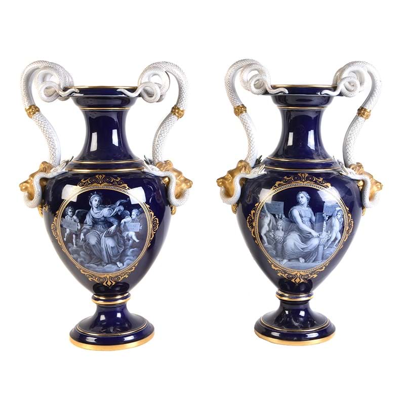 A pair of Meissen blue-ground and gilt vases, late 19th century