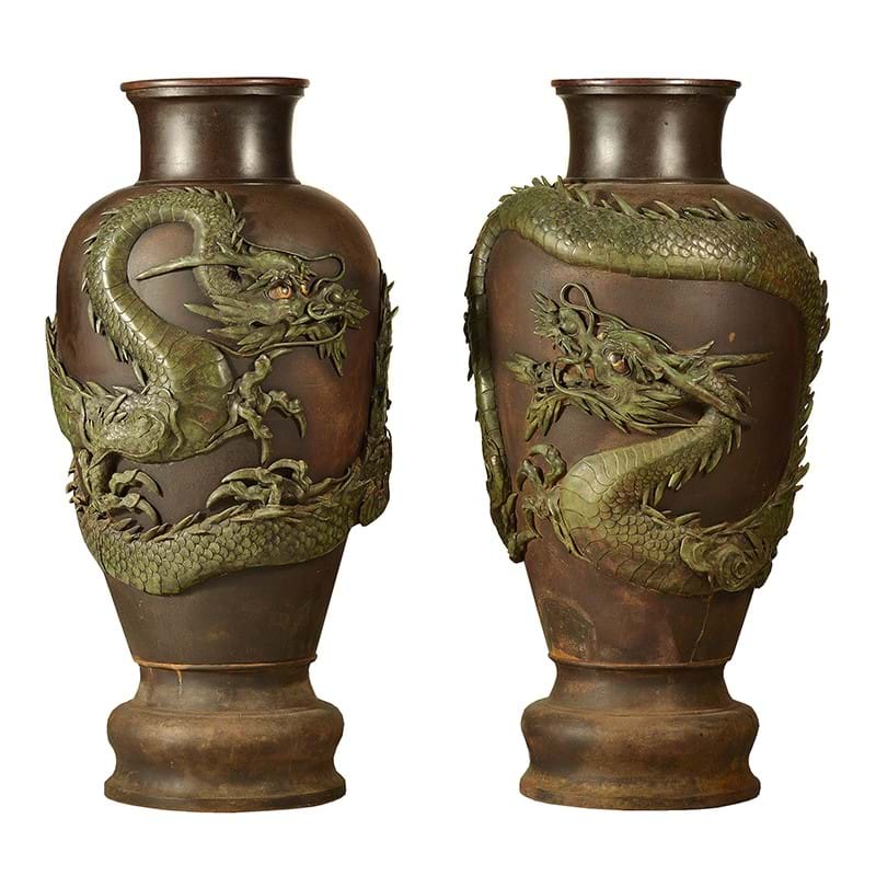 A very large pair of Japanese bronze vases