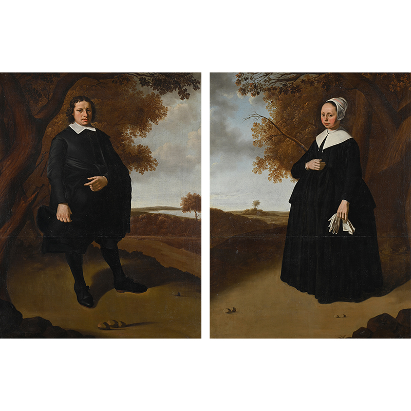 Monogrammist GD (17th Century), ‘A pair of portraits depicting a married couple in a landscape’ oil on canvas