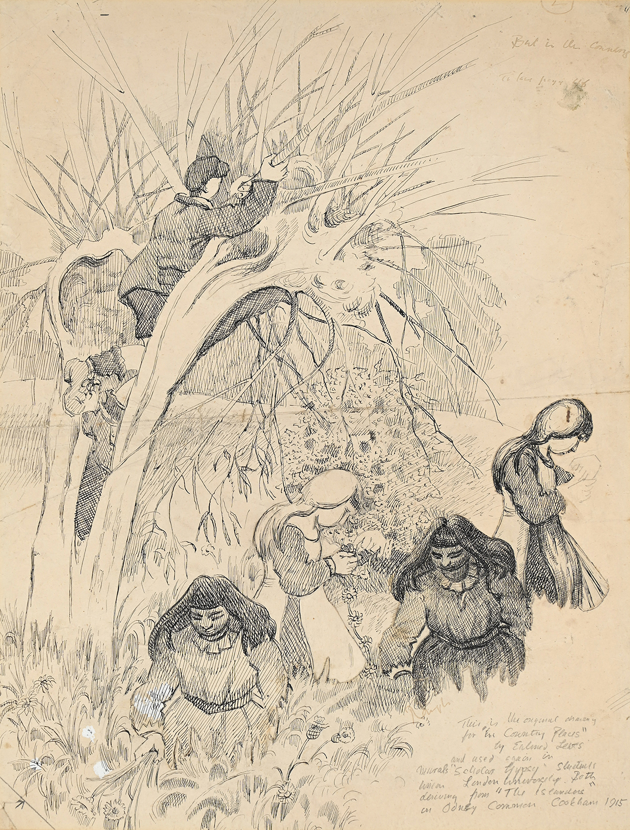 Lot 145 Gilbert Spencer, 'Pollarding A Willow With Girls Gathering Flowers Beneath