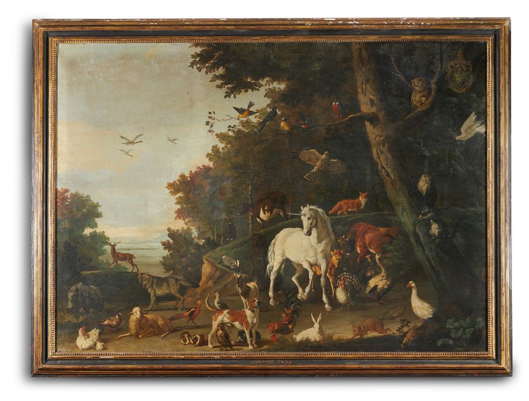 Lot 349: English School (Early 20th century) and later,  A unicorn among other animals in a wooded landscape