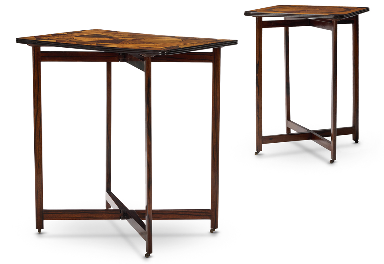 A Matched Pair Of Sinhalese Ebony Bound Specimen Parquetry Trays On Stands, Galle, Circa 1850