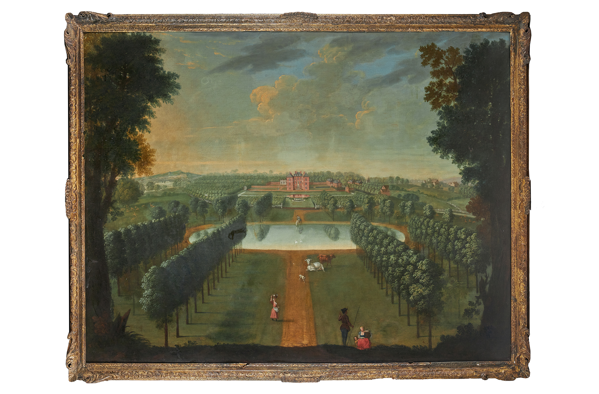 Anglo-Dutch School (circa 1740), 'View of a house with projecting angle pavilions, in a park with an oval pool, figures in the foreground', Oil on canvas