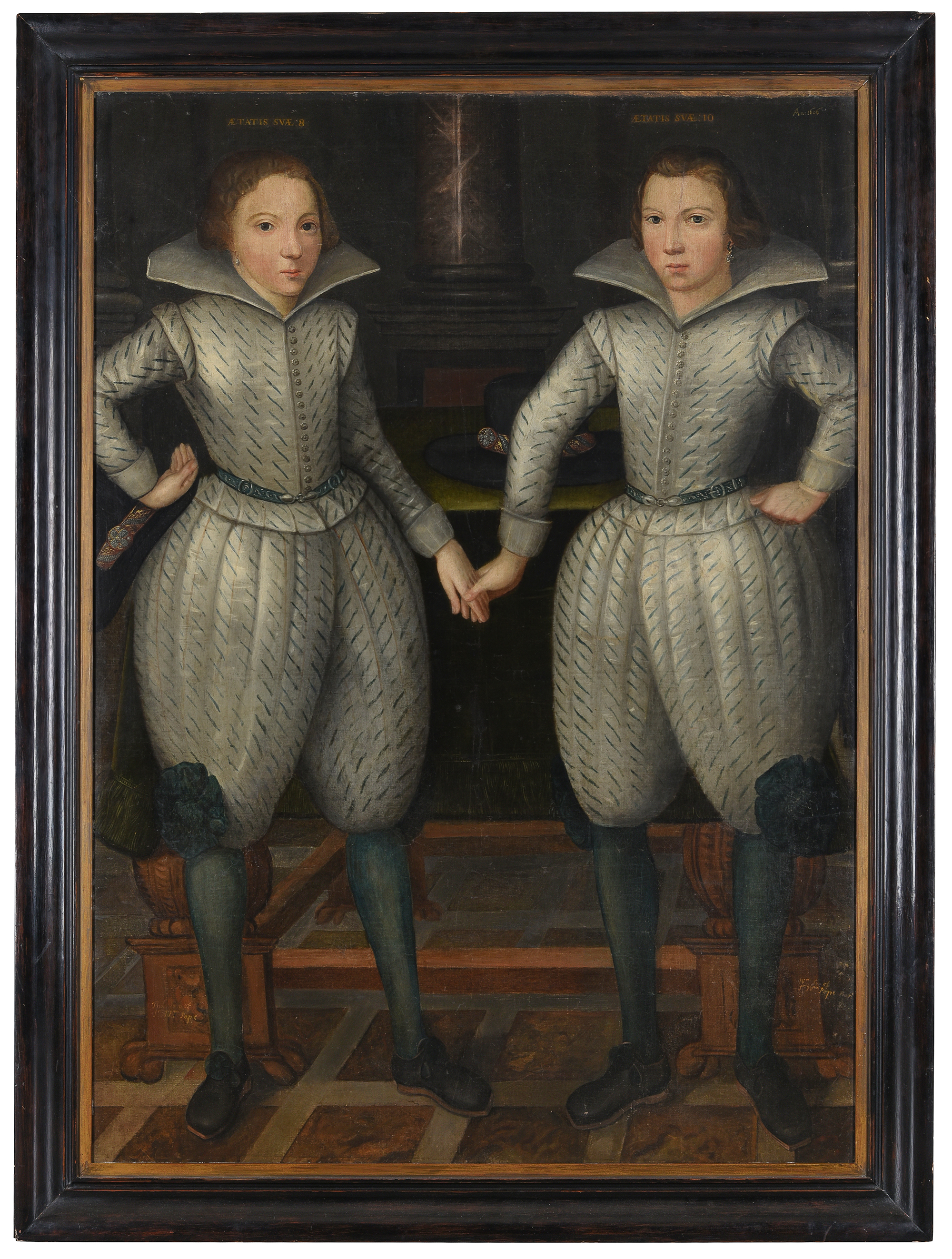 English School (1606), 'Portrait of Thomas Pope, aged 8, and William Pope, aged 10, both full-length, standing, wearing white slashed doublets', oil on canvas 