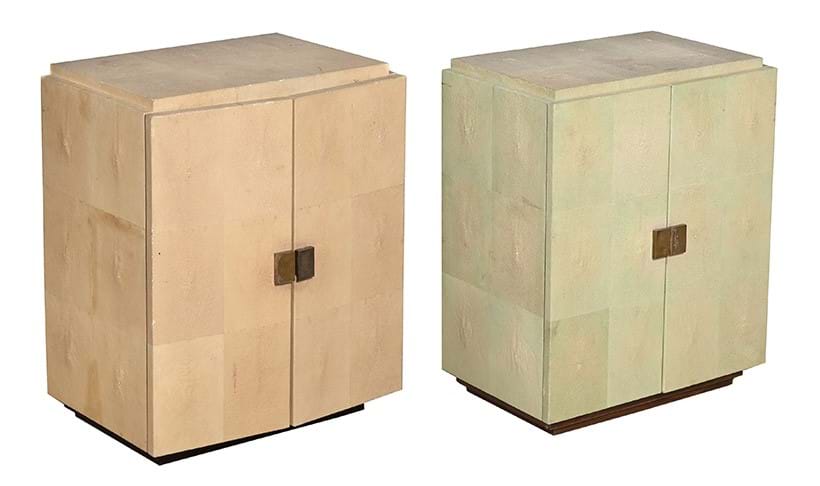Inline Image - Lot 369: Two similar simulated shagreen cabinets, one cream, one pale green, in art deco style, 20th century, designed By Jeanclaude Ciancimino | Est £600-1,000 (+ fees)