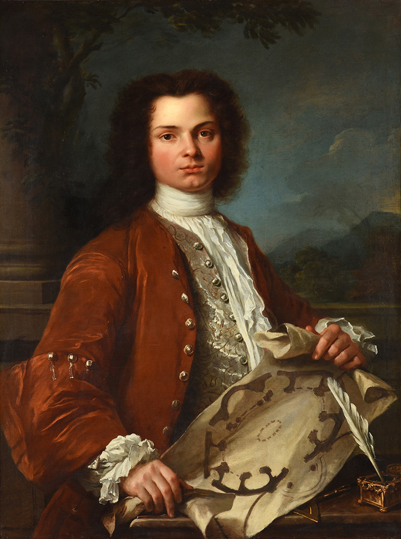 Sebastiano Ceccarini (Italian 1703-1783) ‘Portrait of a Gentleman, holding a plan of Bernini's Sant'Andrea al Quirinale, Rome’ Oil on canvas