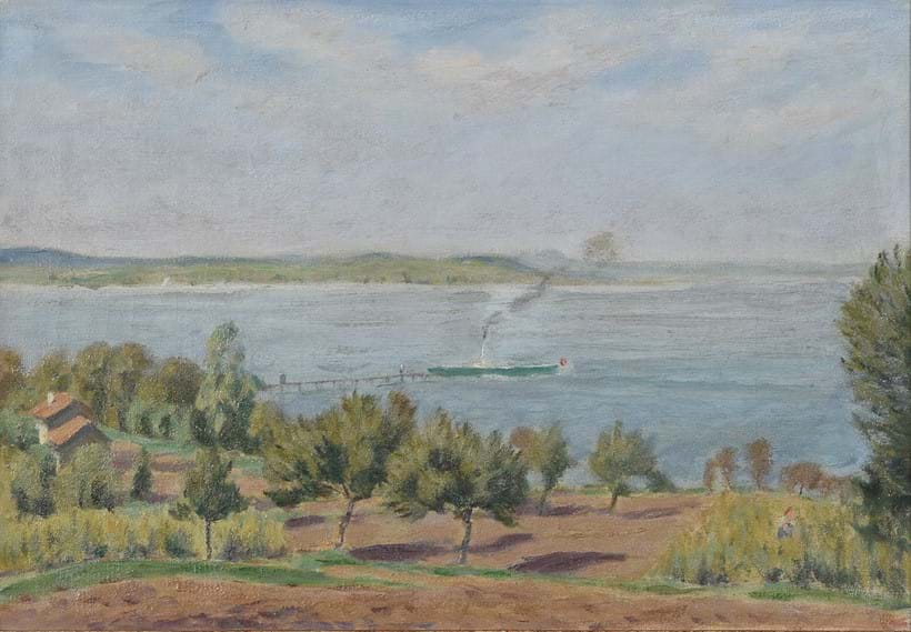 Inline Image - Lot 34: Hans Sturzenegger (German 1875-1943), ‘Landscape with steamboat, near Mannenbach, Switzerland’, Oil on canvas | Est. £300-500 (+ fees)