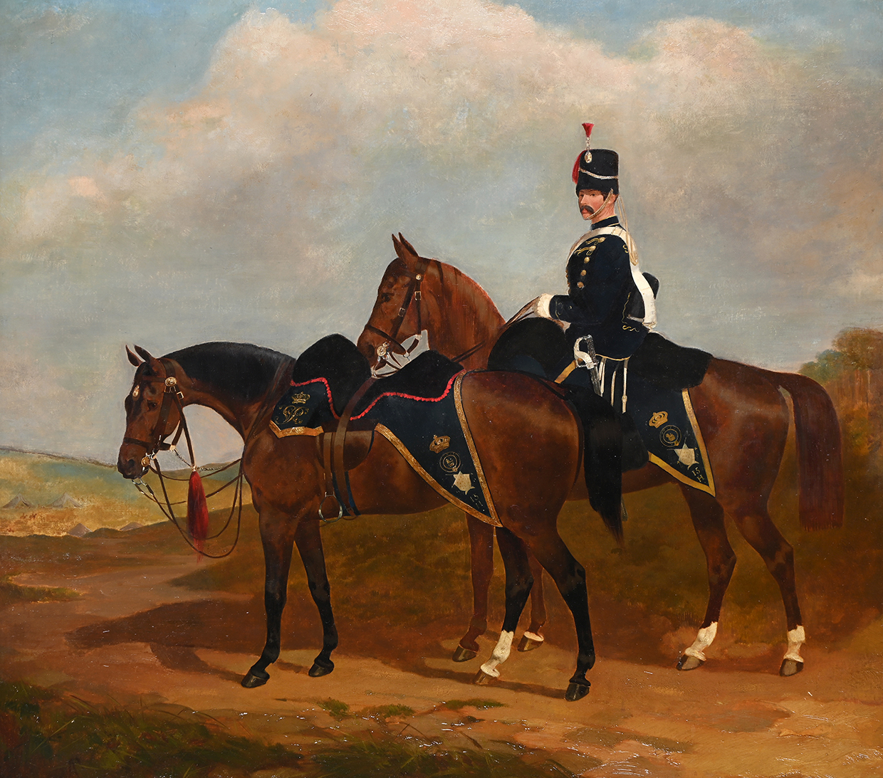 66 Henry Calvert, The 15Th The King's Hussars Two Chargers, One With An Officer Up, In A Landscape With A Camp Beyond
