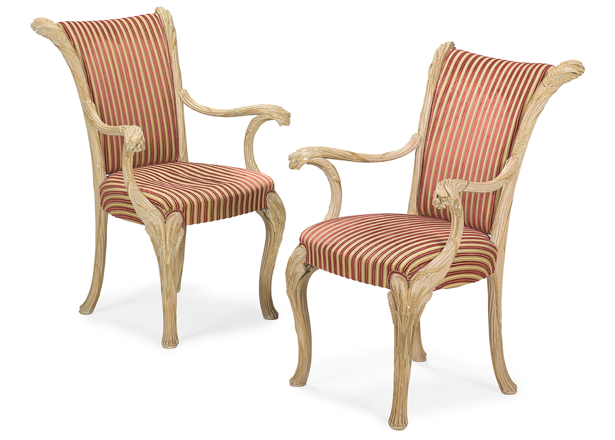 Lot 1013 A PAIR OF NATURALISTICALLY CARVED AND PARCEL GILTWOOD OPEN ARMCHAIRS, 20TH CENTURY