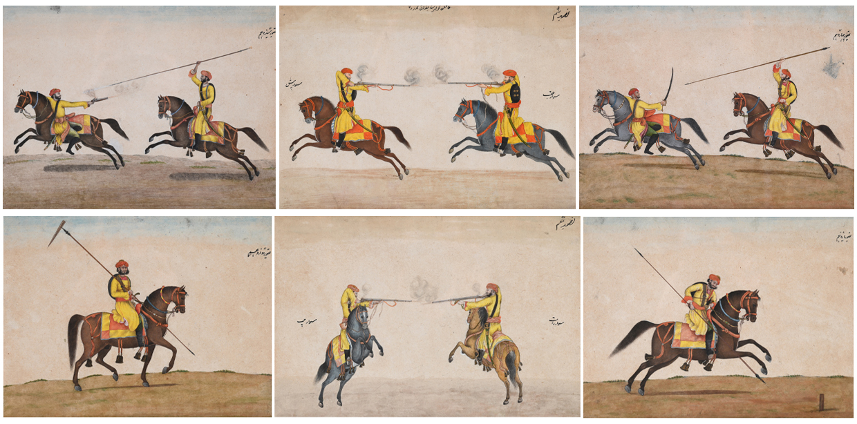 Lot 177 DELHI SCHOOL, ARTIST WORKING FOR LIEUTENANT COLONEL SKINNER (CIRCA 1824) SIX WATERCOLOURS OF SKINNER' S HORSE; FROM AN ILLUSTRATED MANUSCRIPT OF THE USE OF SABRE, MUSKET (1)