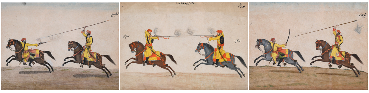 Lot 177 DELHI SCHOOL, ARTIST WORKING FOR LIEUTENANT COLONEL SKINNER (CIRCA 1824) SIX WATERCOLOURS OF SKINNER' S HORSE; FROM AN ILLUSTRATED MANUSCRIPT OF THE USE OF SABRE, MUSKET
