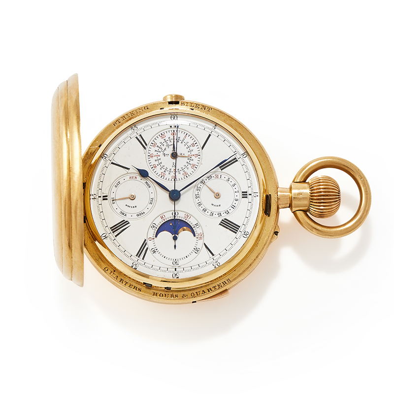 Swiss, an 18 carat gold keyless wind quarter repeating calendar full hunter pocket watch, circa 1900