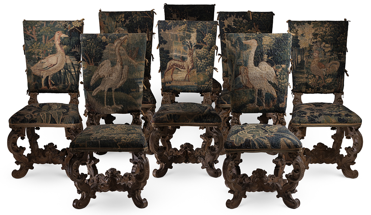 A Set Of Eight Painted And Tapestry Upholstered Chairs