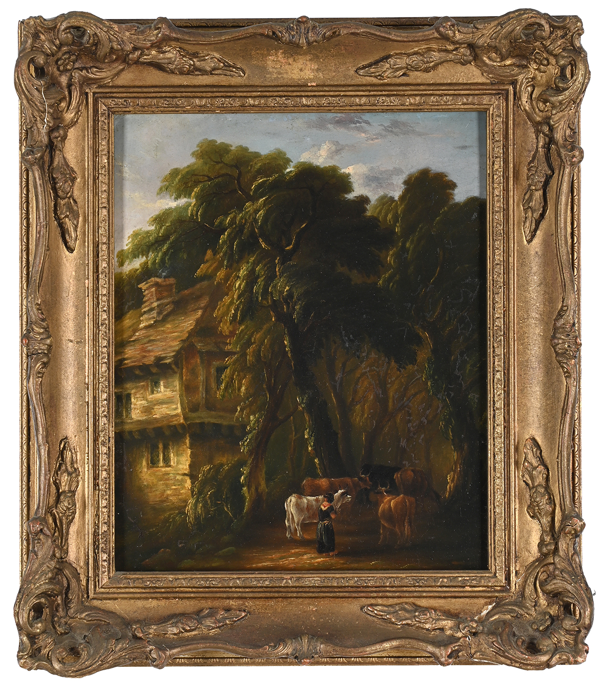 Lot 1072 ENGLISH SCHOOL (19TH CENTURY), A WOODLAND COTTAGE WITH CATTLE IN A GLADE