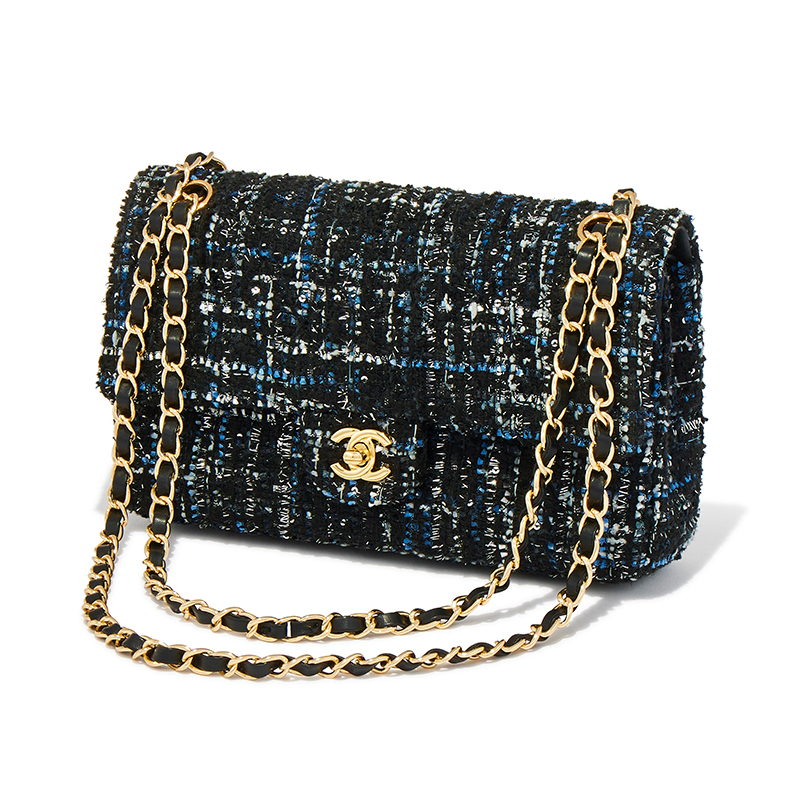 Chanel, classic double flap a black, blue and grey tweed handbag, no. Alx1889c, post 2022