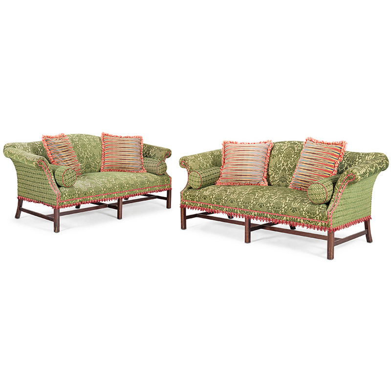A pair of mahogany hump-backed sofas, modern