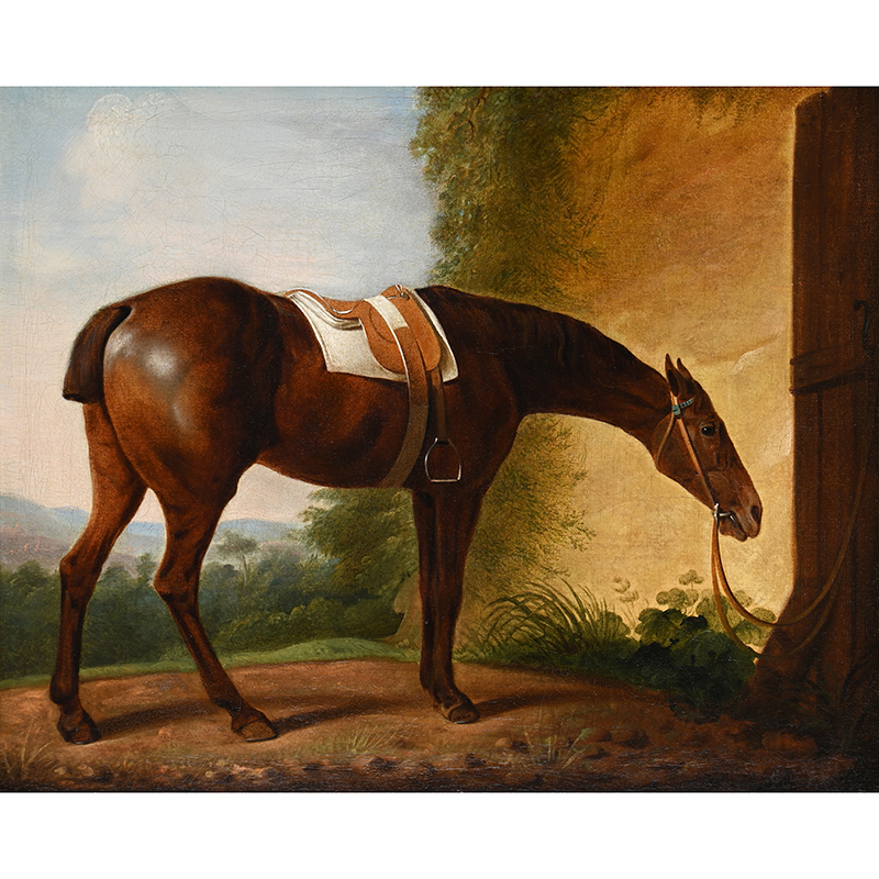 Jacques-Laurent Agasse (Swiss 1767-1849), ‘A Saddled Chesnut Hunter Tethered to a Stable Door’, oil on canvas