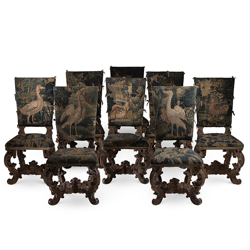A set of eight painted and tapestry upholstered chairs, Italian, mid-19th century