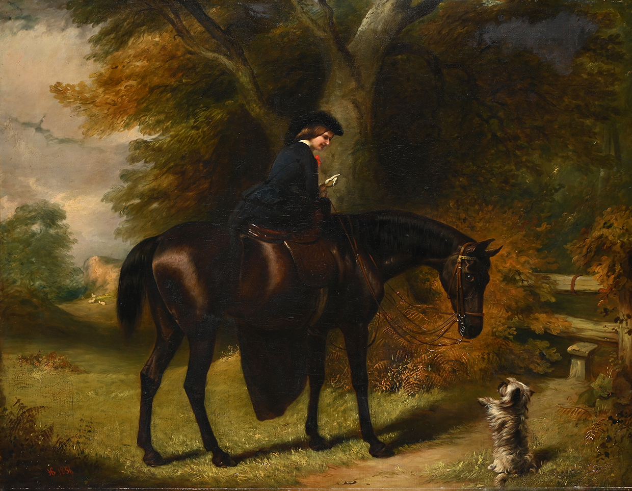 60 Henry Richard Graves, The Countess Of Uxbridge Mounted On 'Rose', A Dark Bay Hunter With A Terrier By A Stile