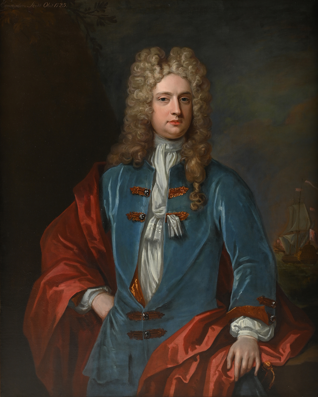 An Englishman In Amsterdam ATTRIBUTED TO JONATHAN RICHARDSON (BRITISH 1667 1745) PORTRAIT OF COMMANDER THOMAS SCOTT IN A BLUE COAT, WITH A SHIP IN THE DISTANCE