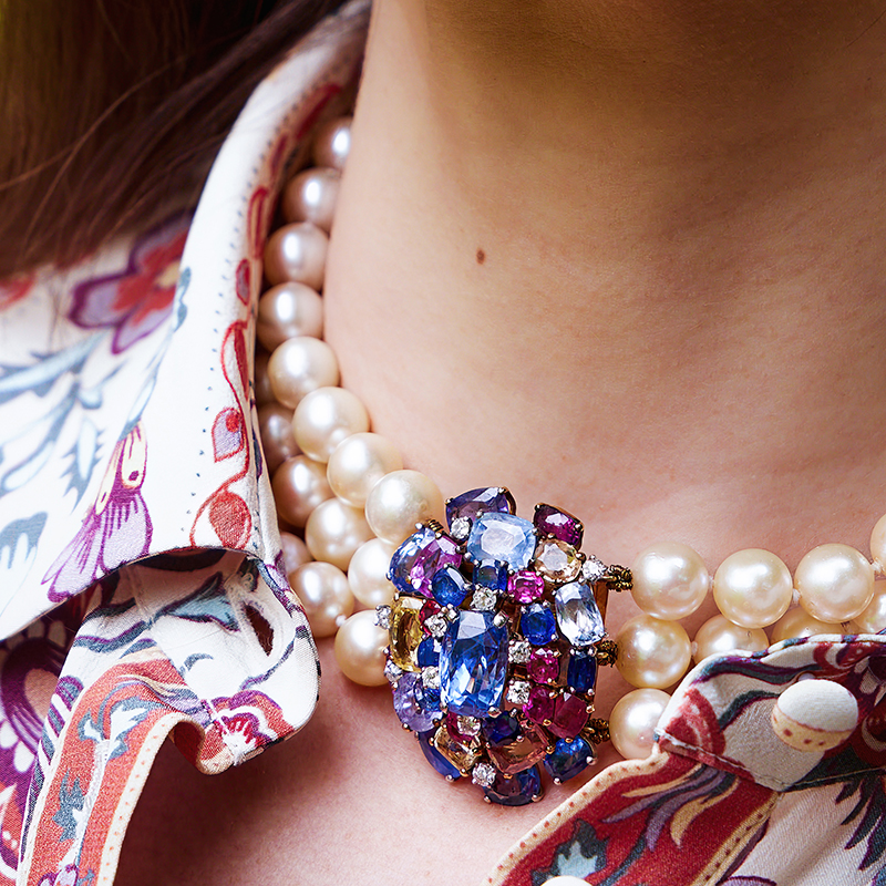 A sapphire, coloured sapphire, diamond and cultured pearl necklace, circa 1935-40