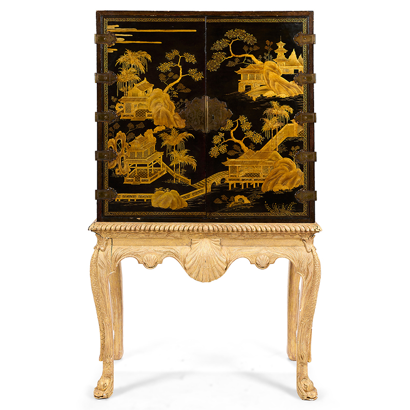 A Chinese Export brass-mounted black and gilt-lacquered cabinet on stand the cabinet, mid-18th century