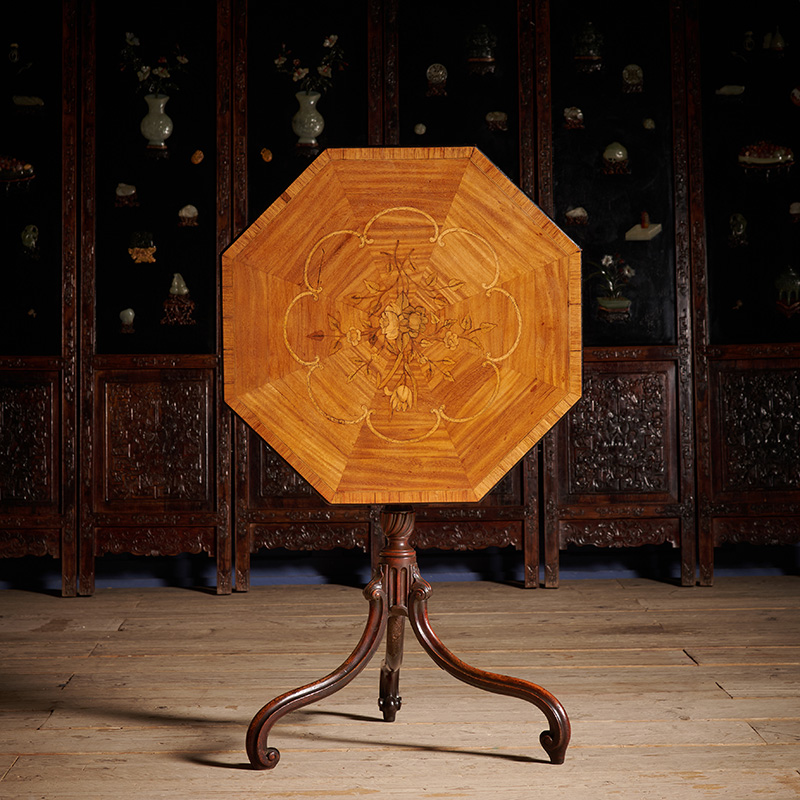 Y A George III Sabicu, mahogany and marquetry octagonal tripod table, circa 1770