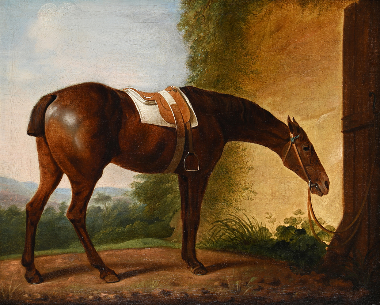 62 Jacques Laurent Agasse, A Saddled Chestnut Hunter Tethered To A Stable Door With A Landscape Beyond