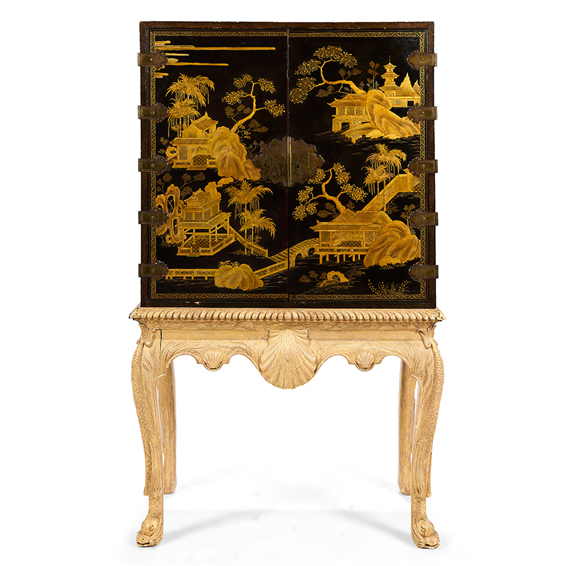 A Chinese export brass-mounted black and gilt-lacquered cabinet on stand, the cabinet mid-18th century