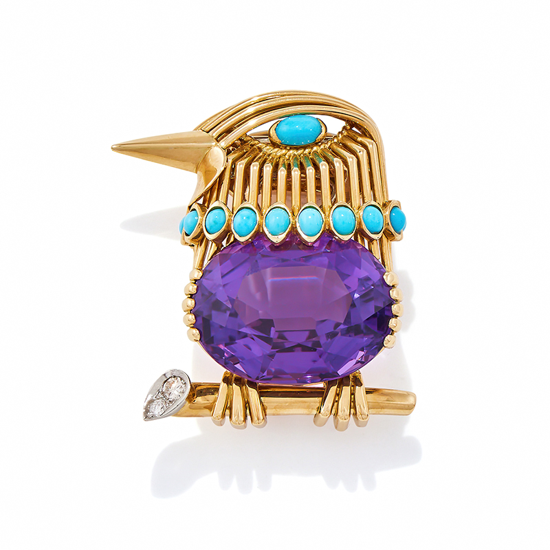 Cartier, an amethyst, turquoise and diamond bird brooch