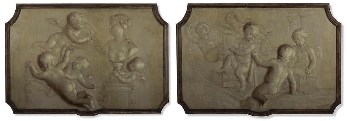 Pair Of Grisailles Of Putti Engaging In The Arts And Sciences