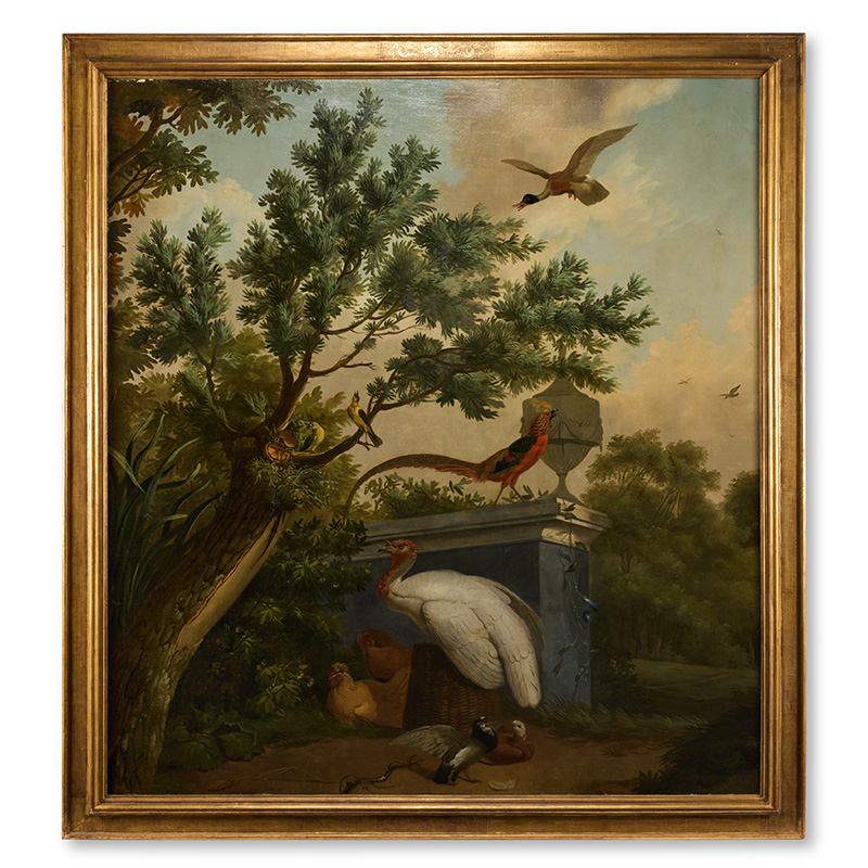 Dutch School, 19th Century, Exotic Birds in a Classical Landscape, oil on canvas