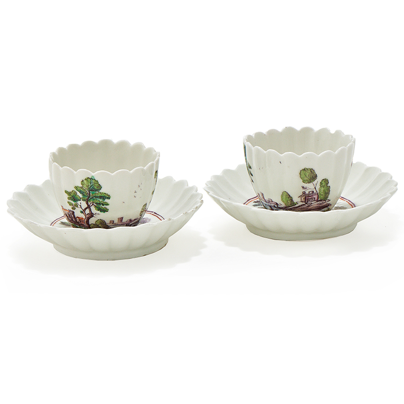 A pair of chelsea porcelain tea bowls and saucers circa 1750-53